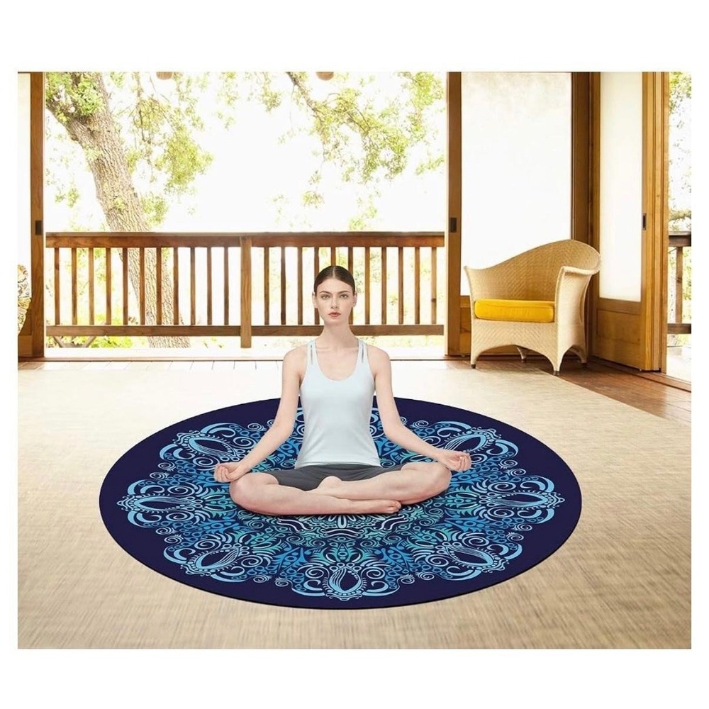 Round Oversize Yoga Mat 55in Blue Mandala Suede Rubber Non-Slip Pilates Zen - Picture 5 of 9
